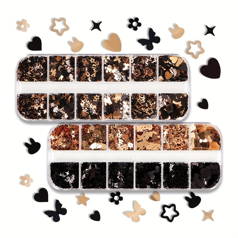Yanyniu 12-Grid Butterfly & Floral Nail Glitter - Black, Golden & White Mix | Sparkling Rabbit & Flower Designs for Nail Art Decoration